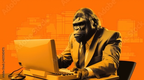 Humorous funny portrait, Technological Gorilla, Desktop computer, Pc, Outdated, Antiquated. KEEPING UP WITH THE TIMES. A gorilla tries to adapt himself to the modern times by using a PC desktop.