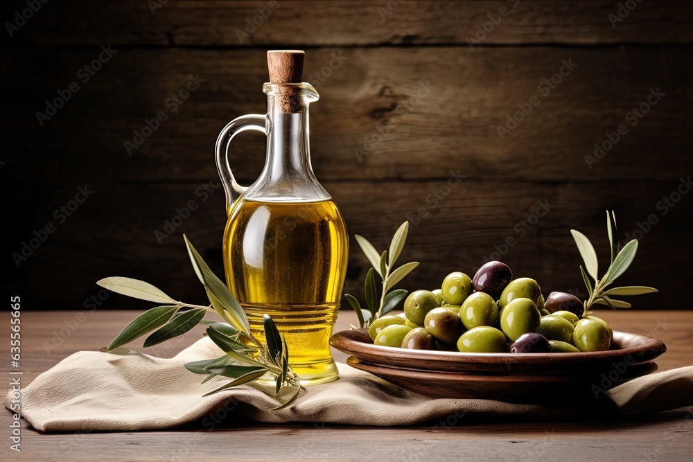 Olive oil bottle, olives and branch on a wooden table. Olive oil bottle, olives and branch on a wooden table.