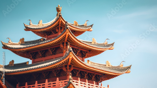 Asian or Chinese pagoda architecture against blue sky. Asia travel