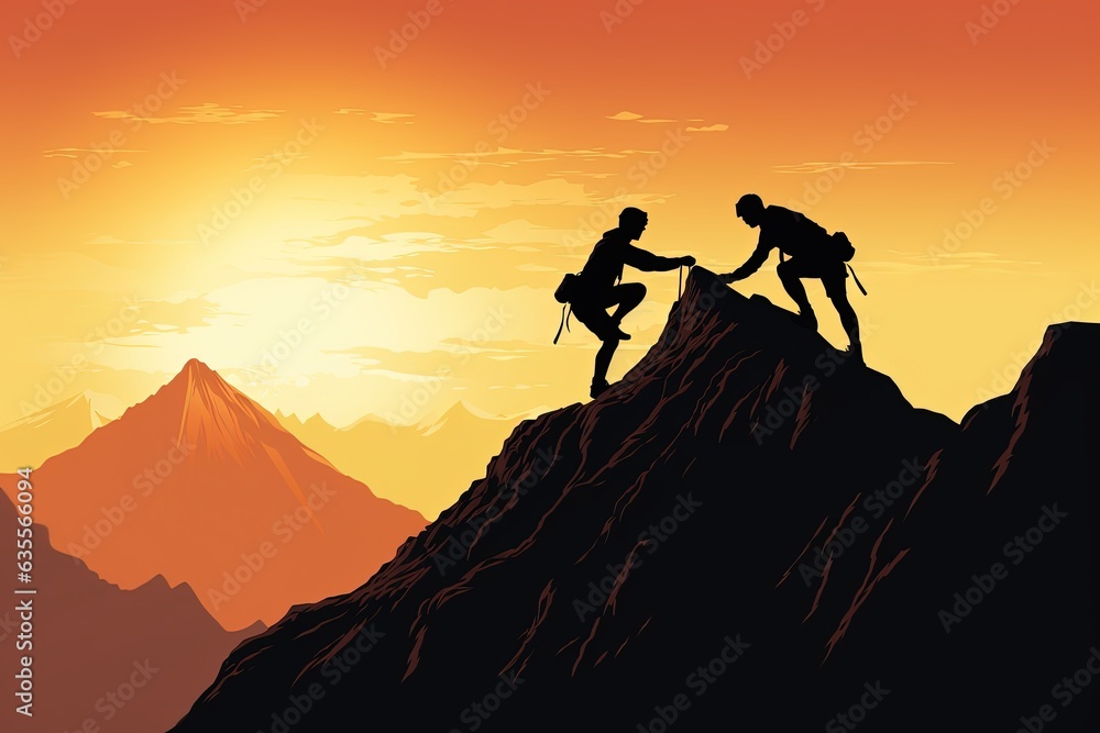 Fototapeta premium Silhouettes of two people climbing on mountain and helping each other.