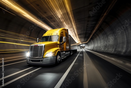 Semi Truck at Speed in Tunnel.