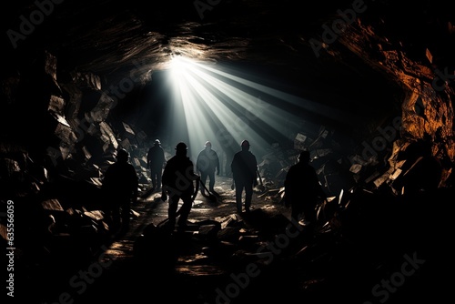 Silhouette of Miners with headlamps entering underground coal mine.