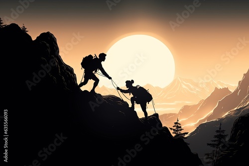 Silhouettes of two people climbing on mountain and helping each other.