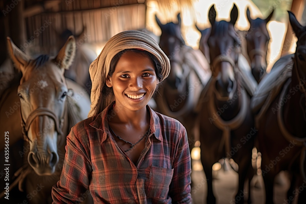 Smiling farmer female dressed in work clothes takes care of horses.