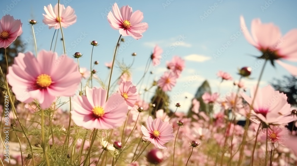 Cosmos flower blossom in garden with clear sky.