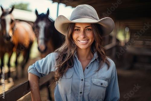Smiling farmer female dressed in work clothes takes care of horses.