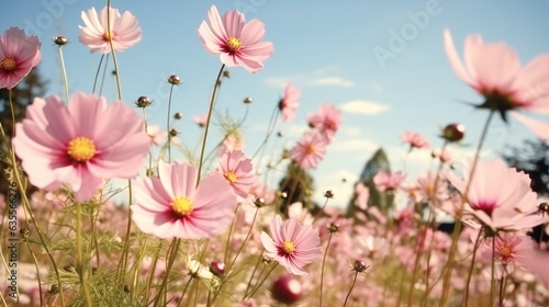 Cosmos flower blossom in garden with clear sky. © visoot