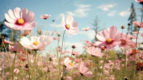 Cosmos flower blossom in garden with clear sky.