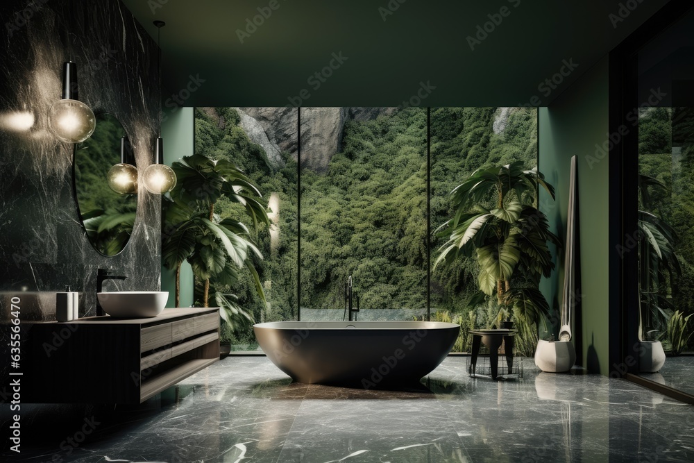Minimalist bathroom with green wall, luxury cabinet, plants, pool, marble countertop, forest view. Cozy design. 3D Render.