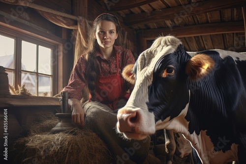 Female farmer and cow in the barn.