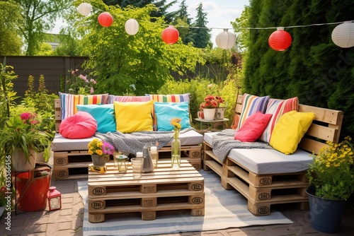 Summer outdoor lounge area with comfortable pallet furniture and bright cushions.