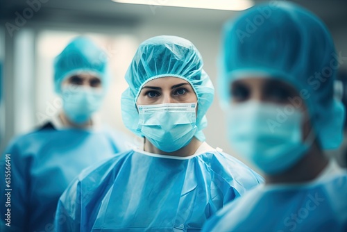 Surgeon team in surgical operating room  in medical coat  mask and cap.