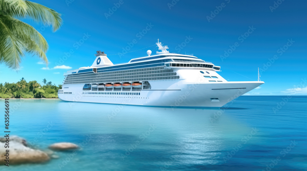 Cruise To Caribbean With Palm Trees, Luxury Cruise Ship, Tropical Beach Holiday. Cruise To Caribbean With Palm Trees, Luxury Cruise Ship, Tropical Beach Holiday.