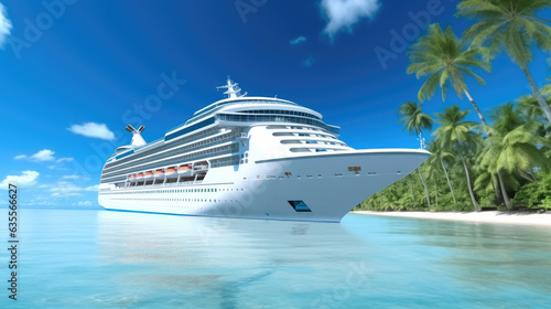 Cruise To Caribbean With Palm Trees, Luxury Cruise Ship, Tropical Beach Holiday.