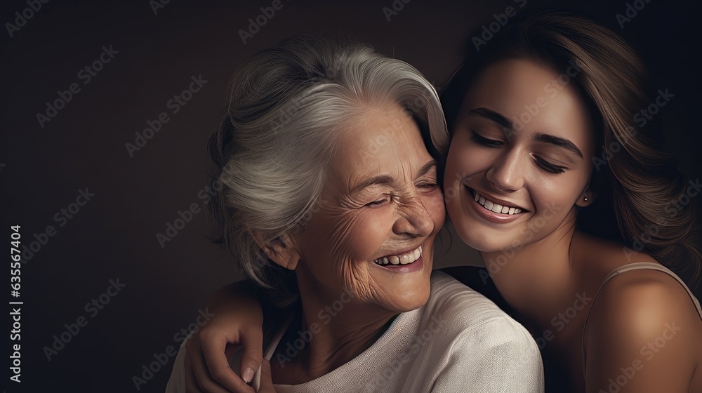 Happy young granddaughter hugging elderly grandmother created with Generative AI technology Happy young granddaughter hugging elderly grandmother created with Generative AI technology