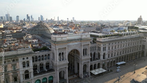 Europe  Italy  Milan - Aerial view of Piazza Duomo  gothic Cathedral in downtown center city. Drone aerial view of Vittorio Emanuele gallery and new skyline  - Duomo Unesco Heritage sightseeing 