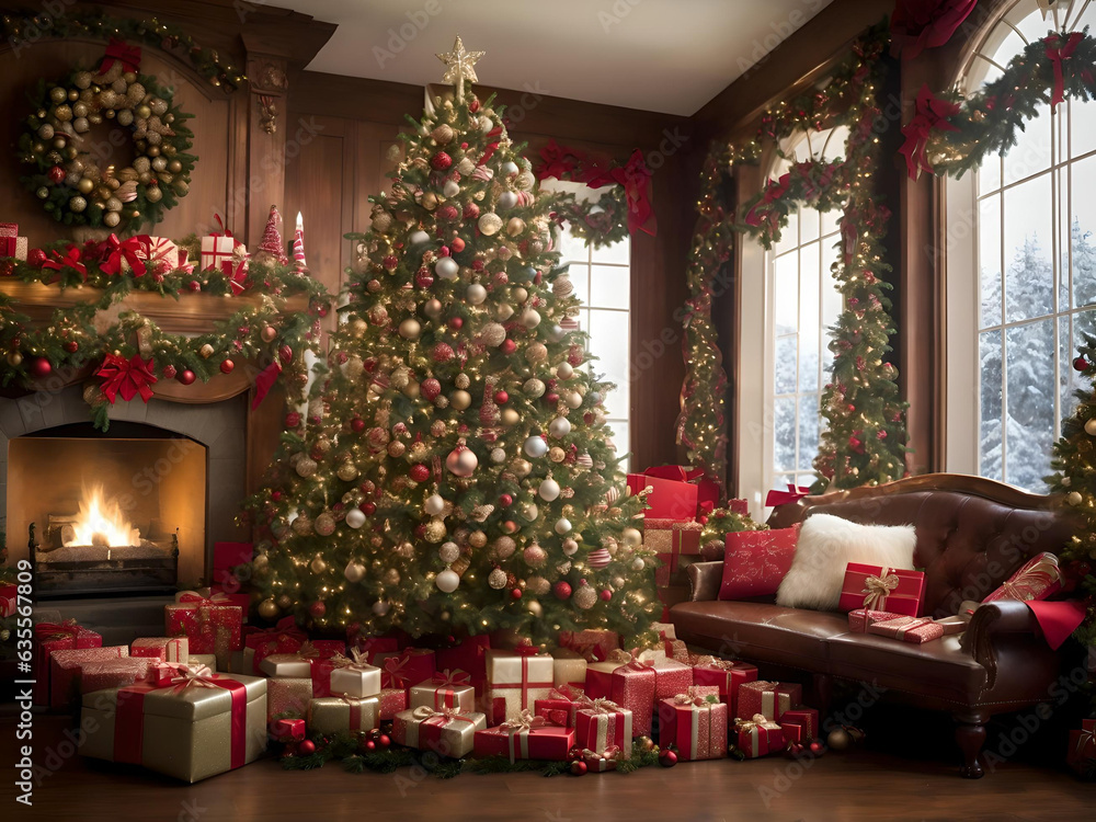 The stylish interior of the living room with beautiful Christmas tree and Gift Box at night, Christmas room interior design, Xmas tree decorated by lights, Generative AI