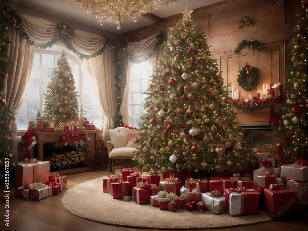 The stylish interior of the living room with beautiful Christmas tree and Gift Box at night, Christmas room interior design, Xmas tree decorated by lights, Generative AI