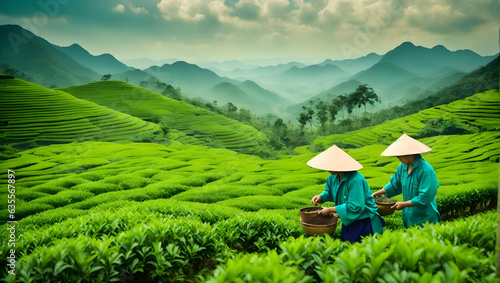 workers at a tea plantation,  Chiang Rai, near Angkhang, Chiang Mai, Thailand, Generative AI photo