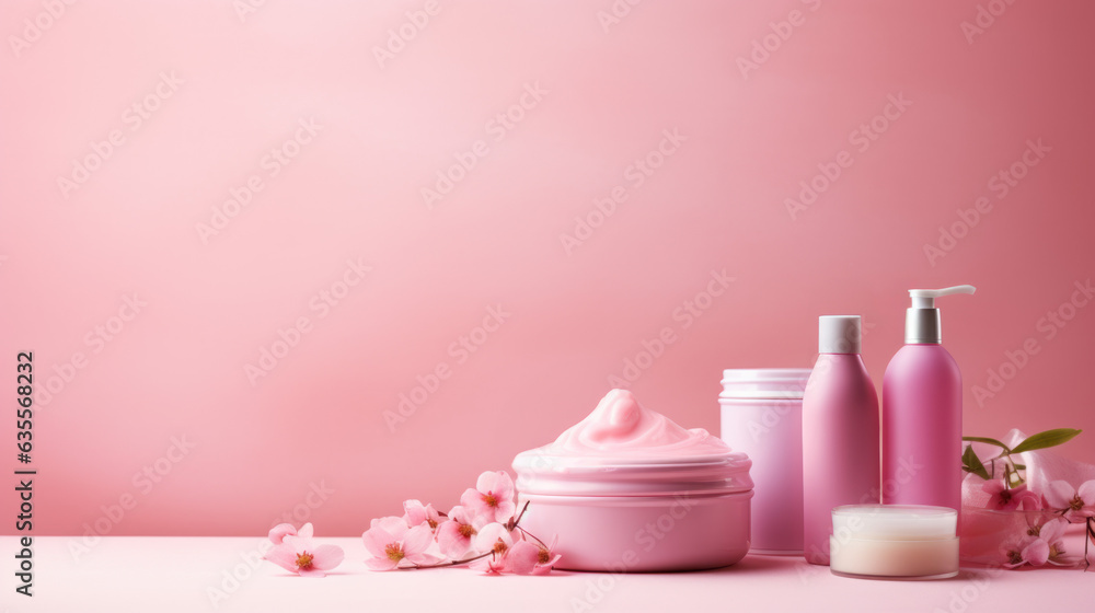 Skincare products, pink plastic bottles and containers with face cream, lotion and cleanser, beauty products on pink background, side view studio photo Skincare products, pink plastic bottles and containers with face cream, lotion and cleanser, beauty products on pink background, side view studio photo