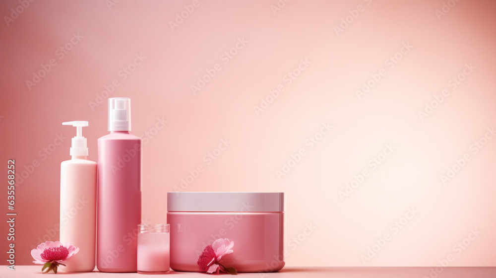 pink skincare products, body care bottle with dispenser, skin care line with no label, pink background, side view photo, copy space banner pink skincare products, body care bottle with dispenser, skin care line with no label, pink background, side view photo, copy space banner