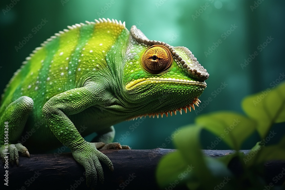 Fototapeta premium A small chameleon sitting on the branch of a tropical tree