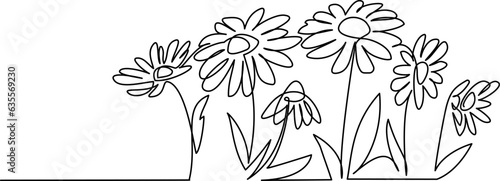 Daisy flowers field. Continuous one line art drawing style.