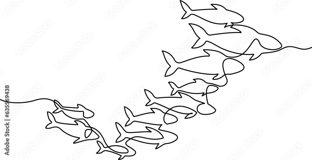 School of fish. Continuous one line art drawing style. School of fish. Continuous one line art drawing style.