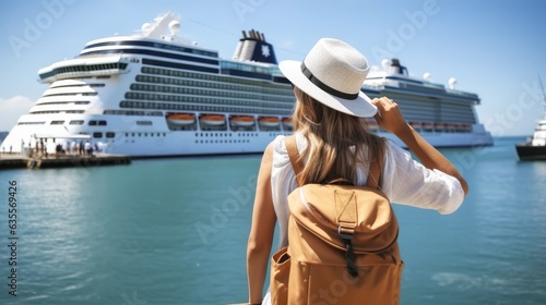 Foto Rear view, Tourist girl with backpack and hat standing in front of big cruise line, Vacation time on summer concept