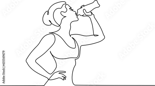Sport girl athlete drinks water. Continuous single drawn one line