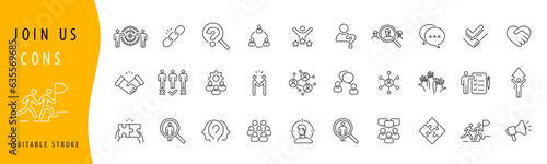 Outline icons about headhunting. Recruitment, hiring process. Editable stroke