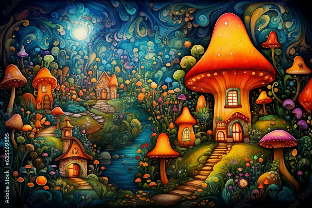 Colorful gnome village in enchanted forest, kids illustration with bright and bold colors. Digital nursery art, beautiful artistic image for poster, wallpaper, art print.