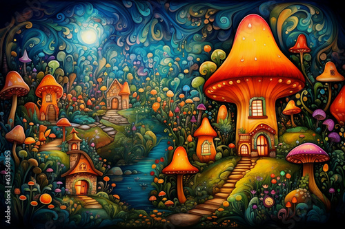 Colorful gnome village in enchanted forest, kids illustration with bright and bold colors. Digital nursery art, beautiful artistic image for poster, wallpaper, art print.