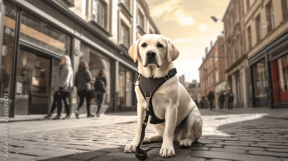 Guide dog in dog clothes and guide harness walking in city, Labrador retriever dog, Friendly dog, AI Generated