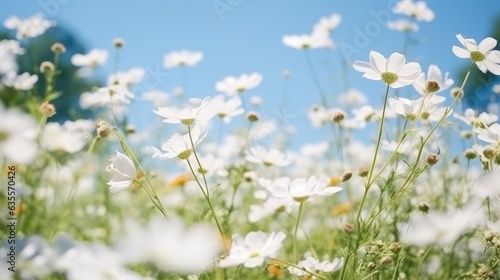 White flowers blooming in the field in spring with clear sky.