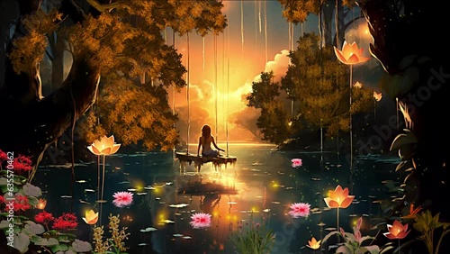 An anime girl swinging in the forest and lake​​ with a beautiful landscape photo