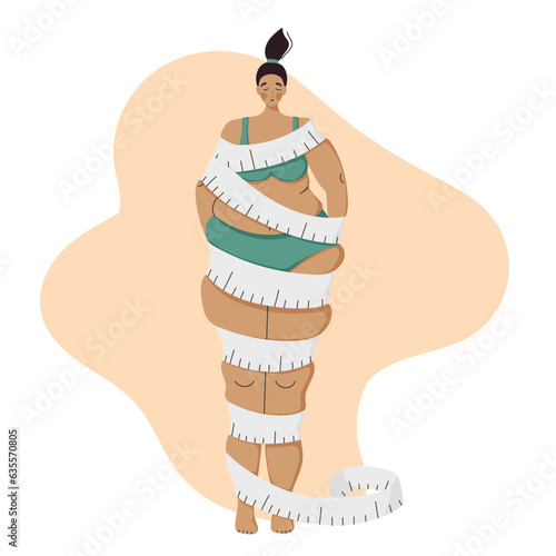 Eating disorders. Girl worrying about her appearance. Cartoon woman looking at hamburgers, fridge thinking about being overweight. Diet, health. Flat vector illustration. Overweight people