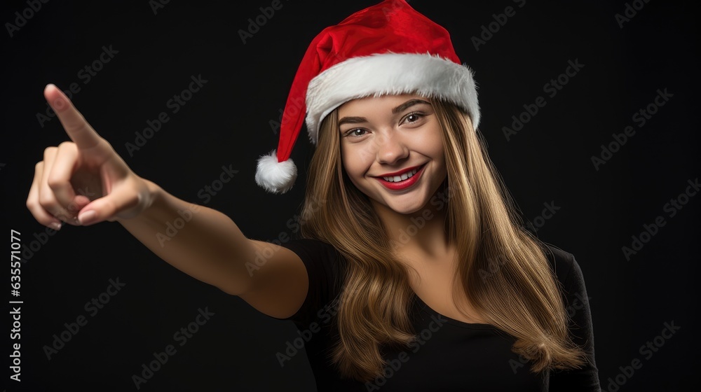 beautiful woman in santa hat pointing to the side created with Generative AI technology beautiful woman in santa hat pointing to the side created with Generative AI technology