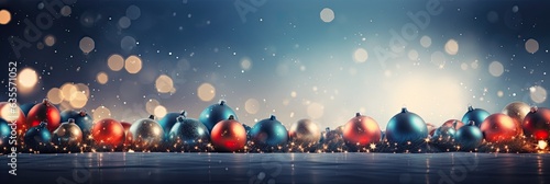 Christmas Baubles And Blurred Shiny Lights banner with text space greeting card © PinkiePie
