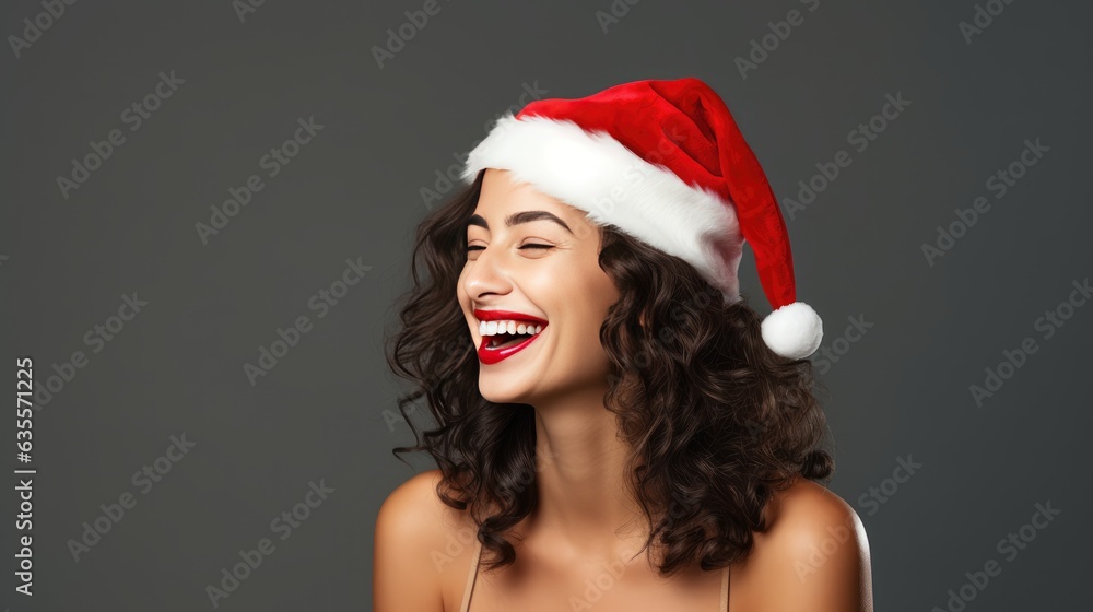 beautiful woman in santa hat posing on festive background created with Generative AI technology beautiful woman in santa hat posing on festive background created with Generative AI technology