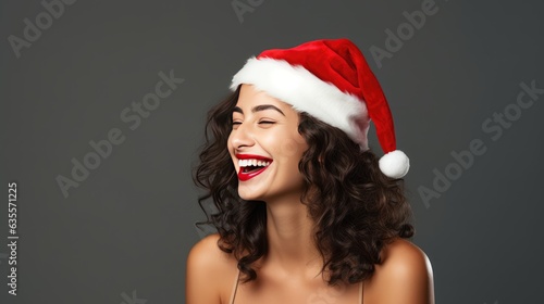 beautiful woman in santa hat posing on festive background created with Generative AI technology