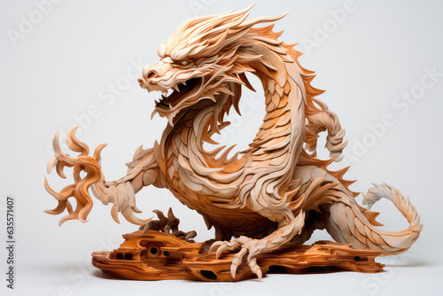 Wooden dragon. Symbol of the new 2024 year. Mythical creature from fantasy stories. White back