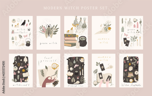 Modern witch aesthetic botanical poster or card collection. Mystery green witch magic element. Cute feminine mystical herbs, books, flower. Witchcraft art vector illustration. Esoteric, hand drawn set