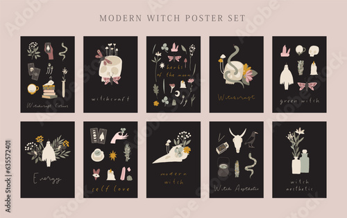 Modern witch aesthetic botanical poster or card collection. Mystery green witch magic element. Cute feminine mystical herbs, books, flower. Witchcraft art vector illustration. Esoteric, hand drawn set © cute_vector