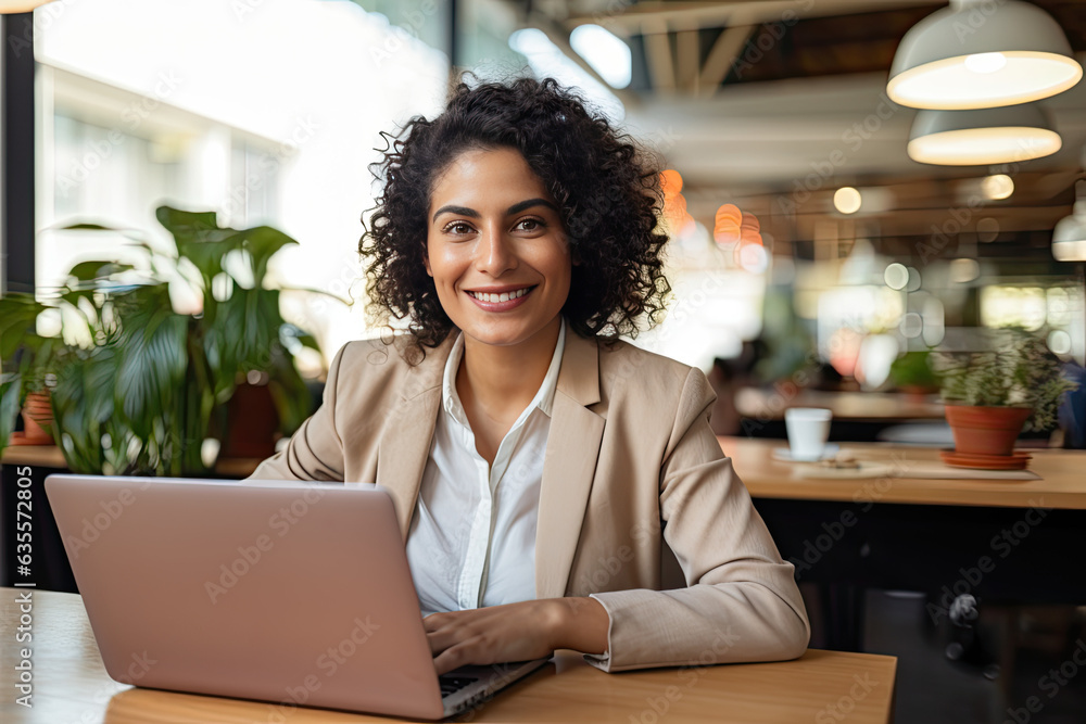 Young pretty smiling Latin business woman employee or student sitting in corporate office with laptop. Happy professional businesswoman looking at camera sitting at desk. Portrait Generative Ai Young pretty smiling Latin business woman employee or student sitting in corporate office with laptop. Happy professional businesswoman looking at camera sitting at desk. Portrait Generative Ai