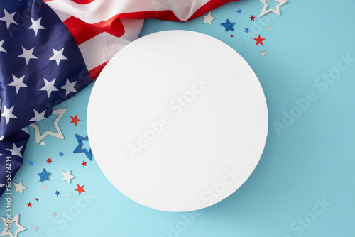 Formulating a happy Labor Day celebration concept. Top view photo of american flag, stars confetti on pastel blue background with empty space for advert or text