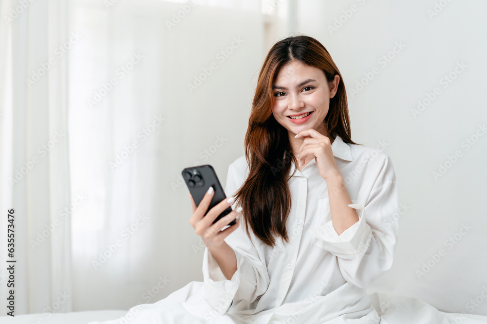Activity at home leisure lifestyle concept, Young woman in clothes casual use smartphone to talking on Activity at home leisure lifestyle concept, Young woman in clothes casual use smartphone to talking on