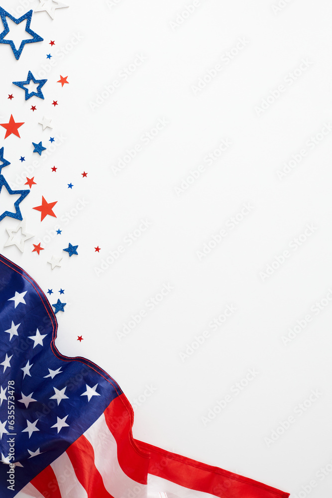Obraz premium Formulating a happy Labor Day celebration concept. Top view vertical flat lay of USA flag, patriotic confetti on white background with empty space for promo or text