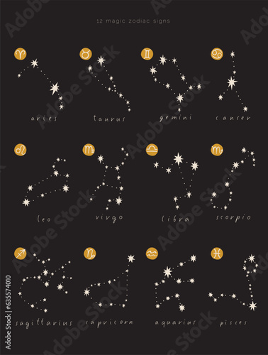 Astrological zodiac signs. Aries, Taurus, Leo, Gemini, Virgo, Scorpio, Libra, Aquarius, Sagittarius, Pisces, Capricorn, Cancer. Zodiac constellations. Hand drawn vector illustration. Isolated clip art
