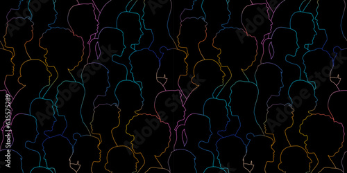 Diverse colorful people crowd silhouette abstract art seamless pattern. Multi-ethnic community, cultural diversity group background drawing illustration in color gradient style.
